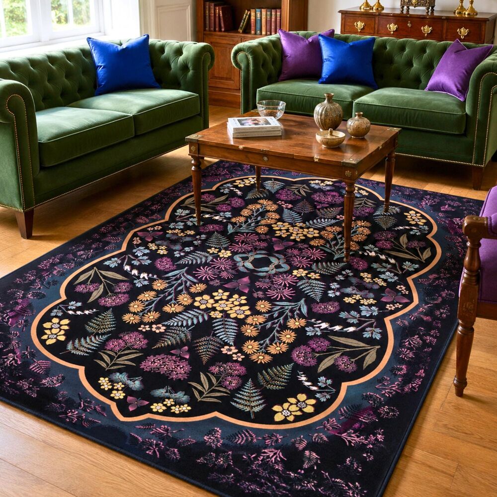 Botanical Herbarium Prints Rug | Art Nouveau Dark Academia Wildflower Carpet